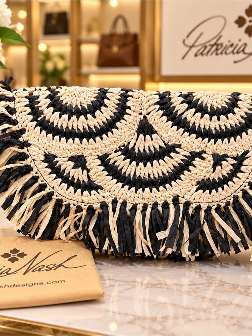 Patricia Nash Black & Natural Woven Fringe Fold-Over Convertible Clutch